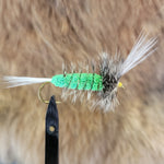 Salmon Bomber - Green Body, Grizzly Hackle
