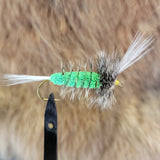 Salmon Bomber - Green Body, Grizzly Hackle