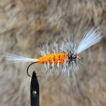 Salmon Bomber - Orange Body, Grizzly Hackle, White Tail/Wing