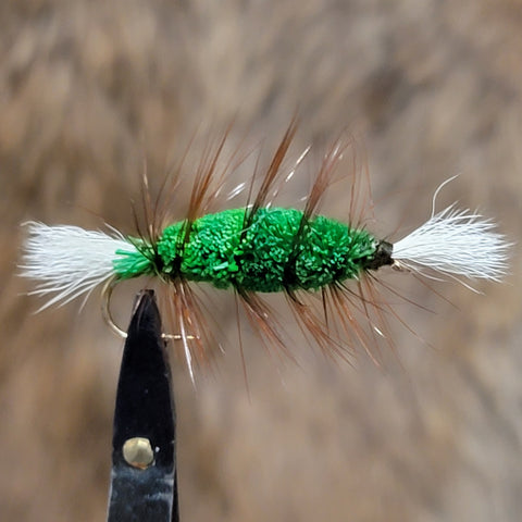 White Tail, Green Body, Brown Hackle Salmon Bomber